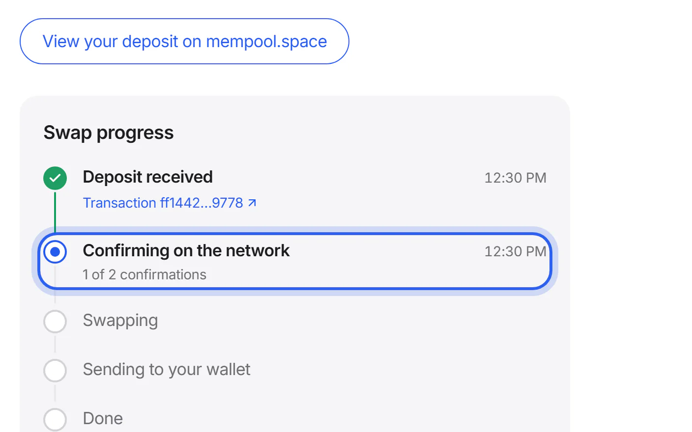 The swap page after sending: the deposit has been seen and the confirmations are counting.