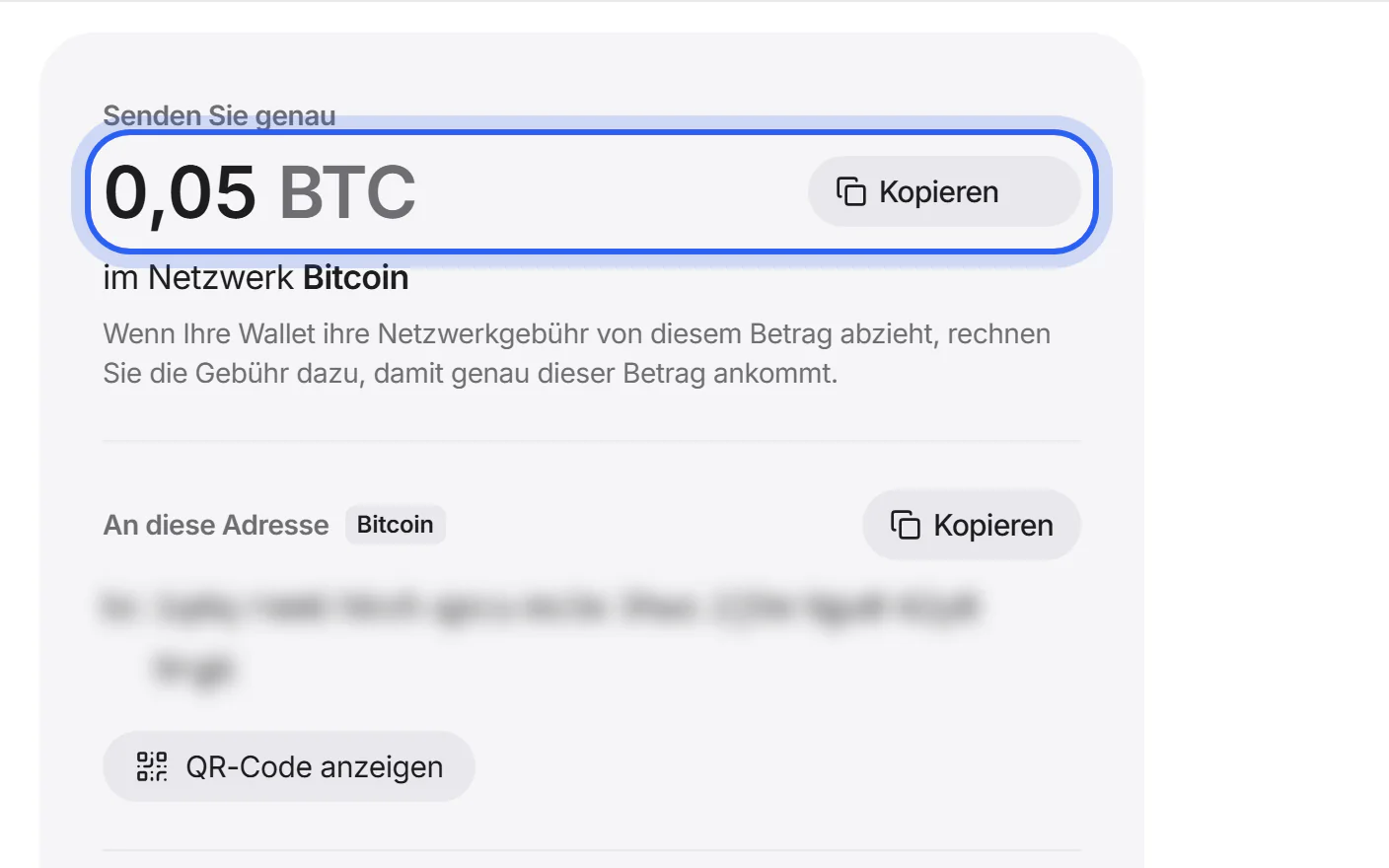 Der Betrag unter „Senden Sie genau“ mit hervorgehobener Schaltfläche „Kopieren“.