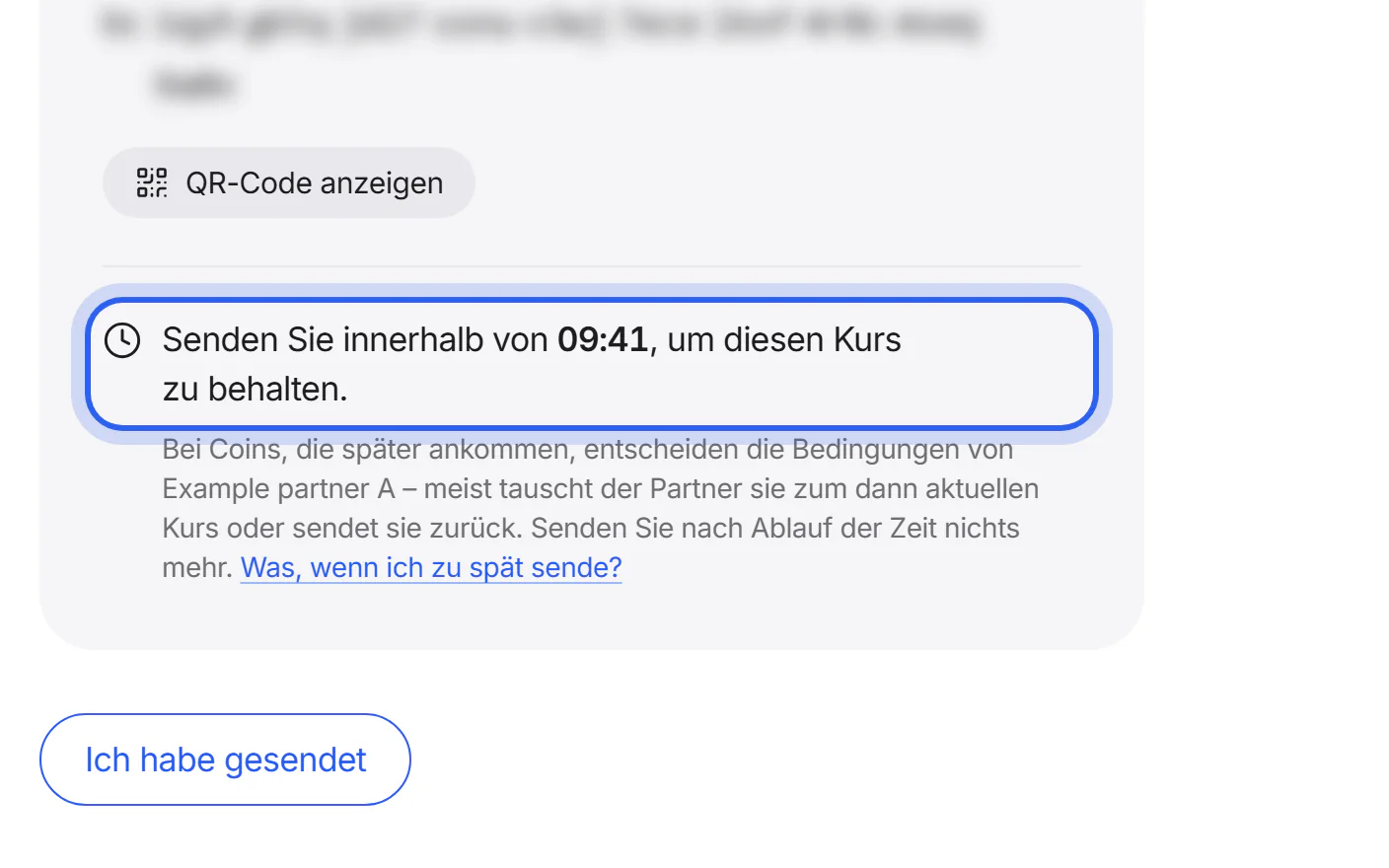 Die Zeile mit dem Zeitlimit unter der Adresse, mit den verbleibenden Minuten.