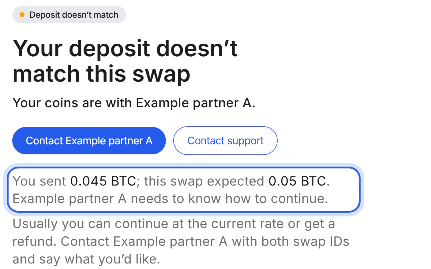 A swap whose deposit doesn't match, with the amount that arrived and the amount expected.