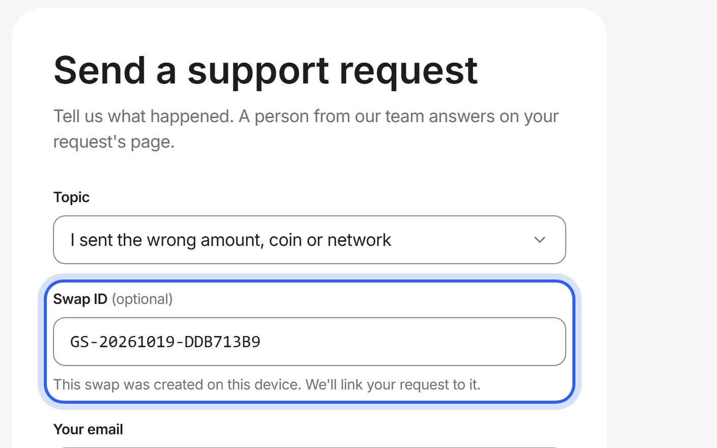 The support request form with the swap ID already filled in.