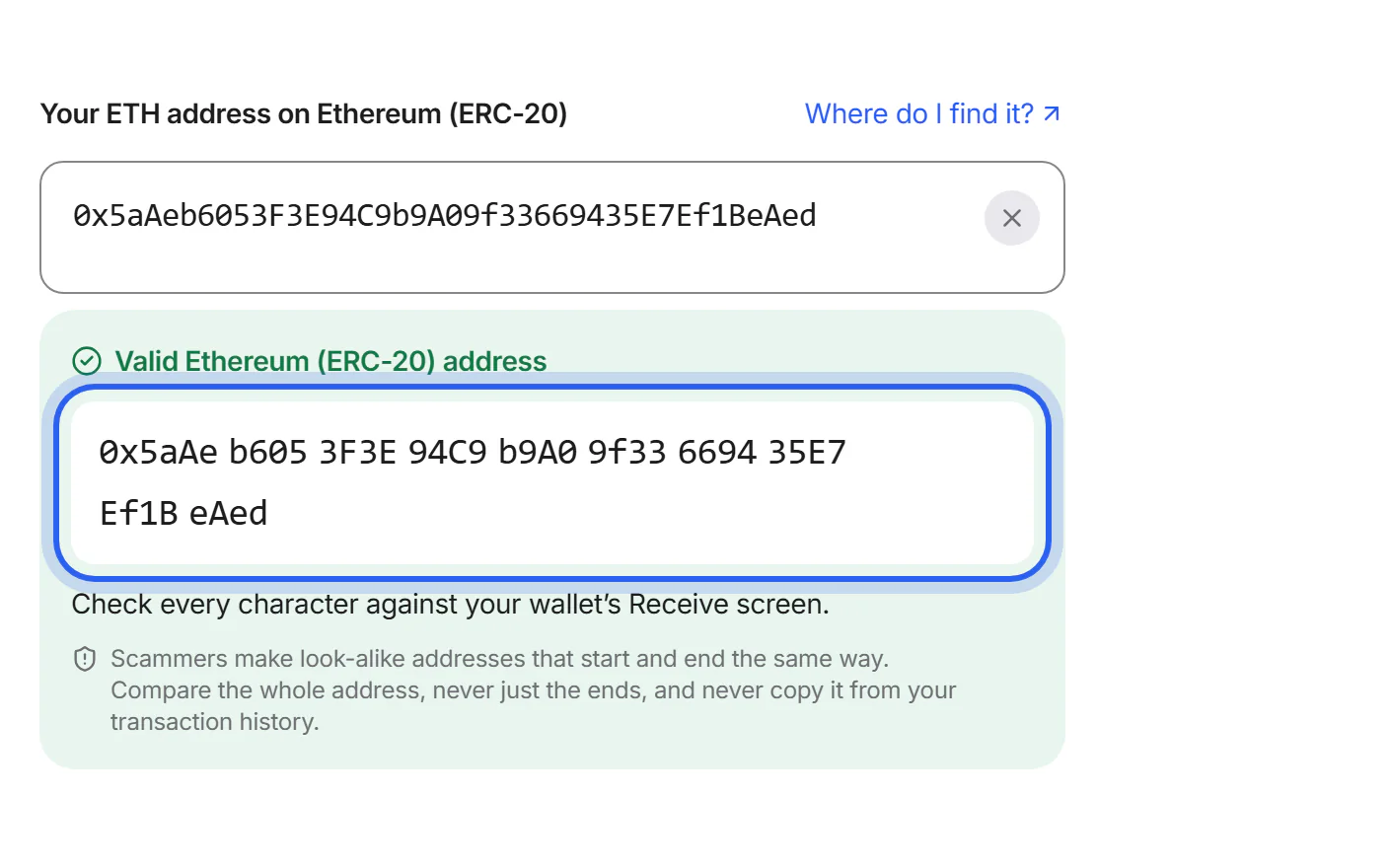 An address in groups of four characters, every group visible for checking.