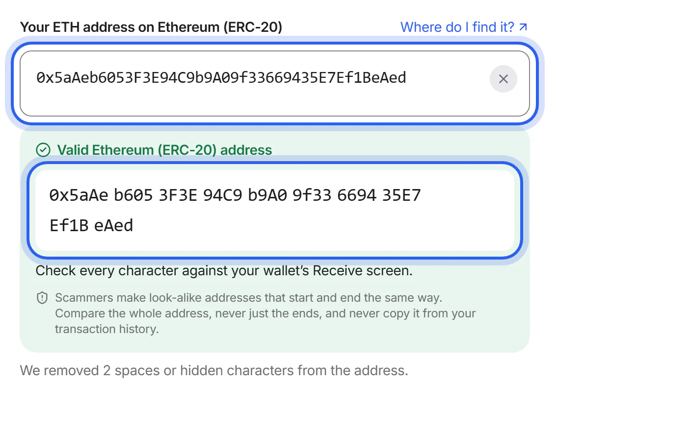 The address field right after pasting, with the address shown in groups for comparing.