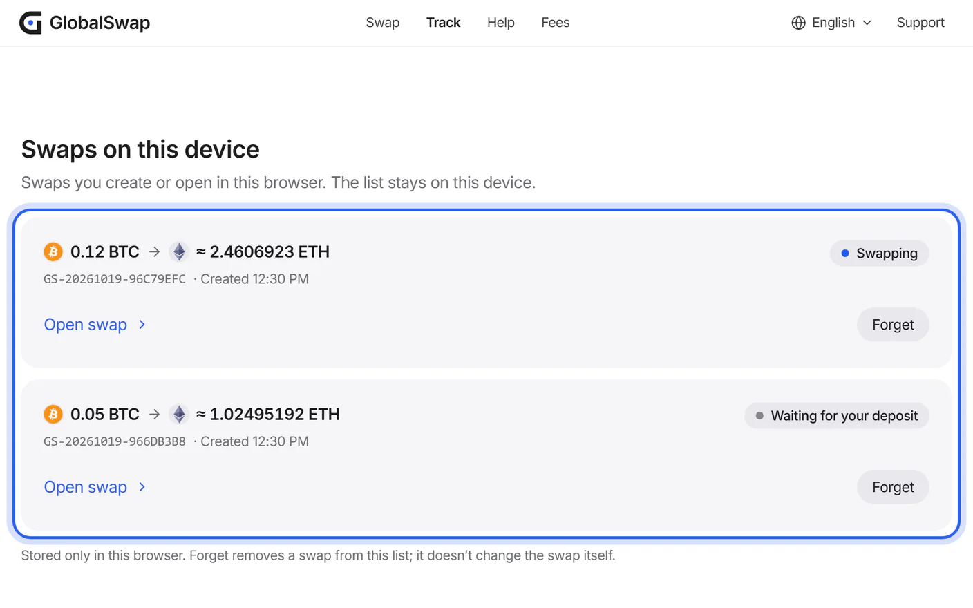 The Track page with the list “Swaps on this device”.