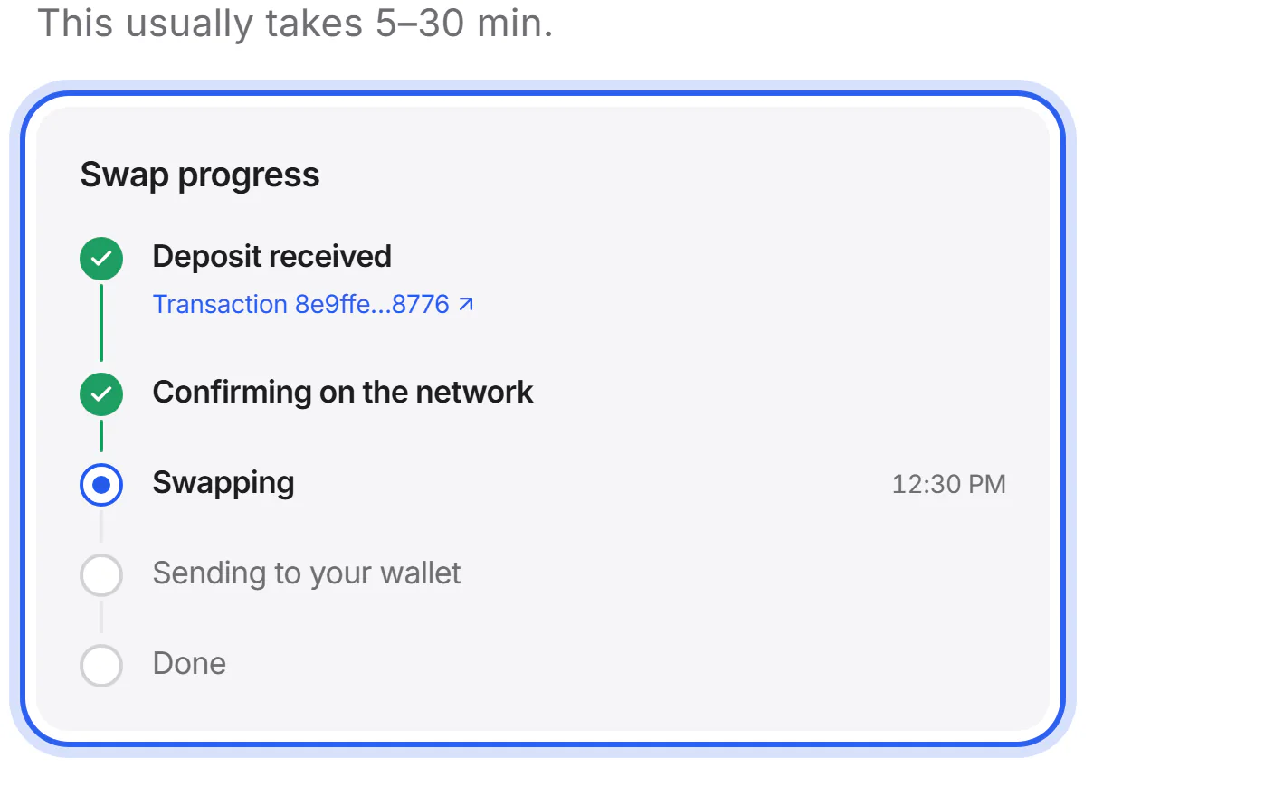 A swap page with its timeline: deposit received, confirming on the network, swapping, sending to your wallet, done.
