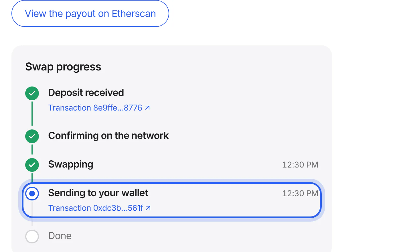 The timeline step for sending, with the link to the transaction highlighted.