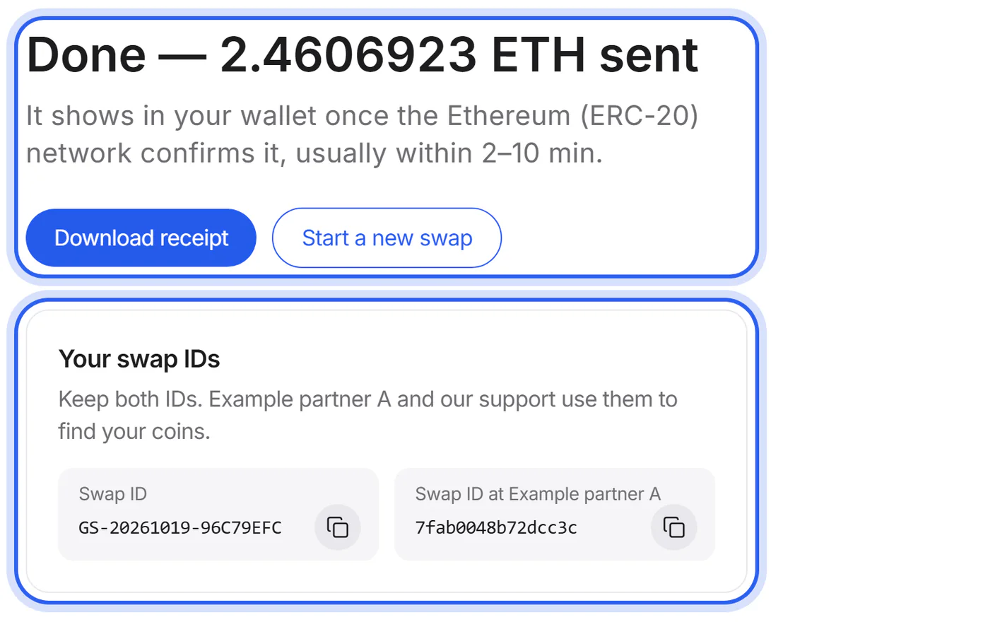 A finished swap with the received amount, both swap IDs and “Download receipt”.